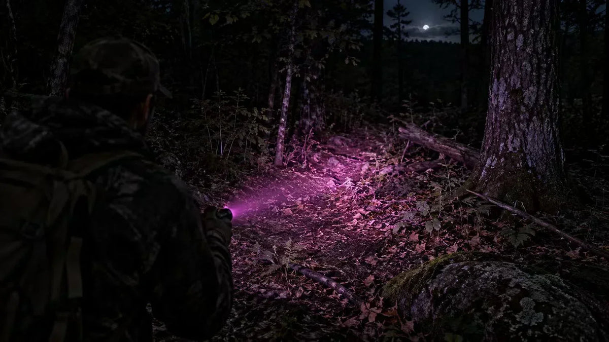 Person using a blood tracking flashlight to illuminate woodland terrain ahead during low-light tracking