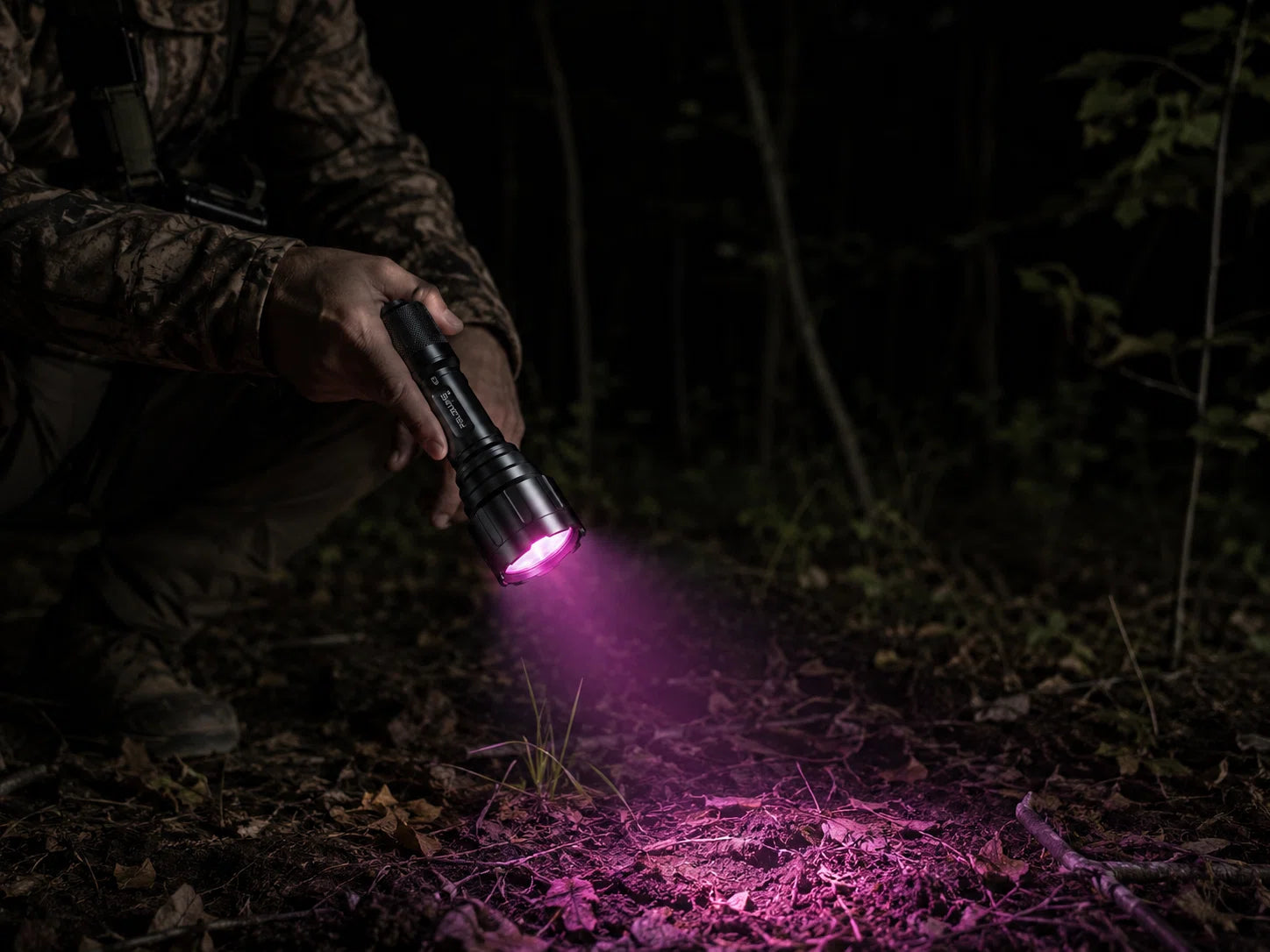 Stay on the Trail Longer. FIELDLUME B1 blood tracking light scanning leaf-covered forest ground during low-light tracking