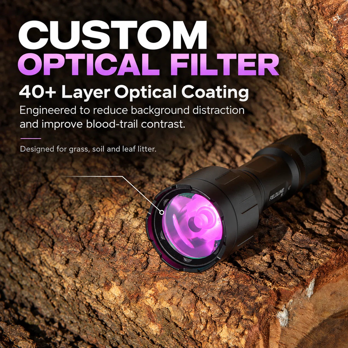FIELDLUME B1 blood tracking light with custom 40+ layer optical filter designed to improve blood-trail contrast