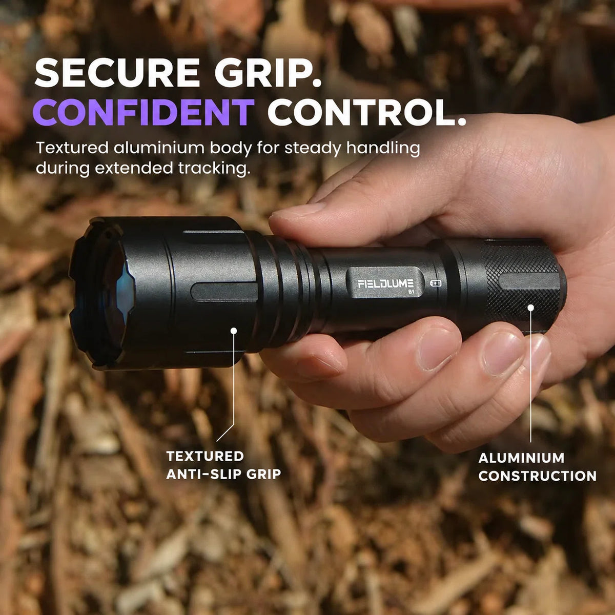 FIELDLUME B1 blood tracking light with textured anti-slip grip and aluminium body for secure field handling