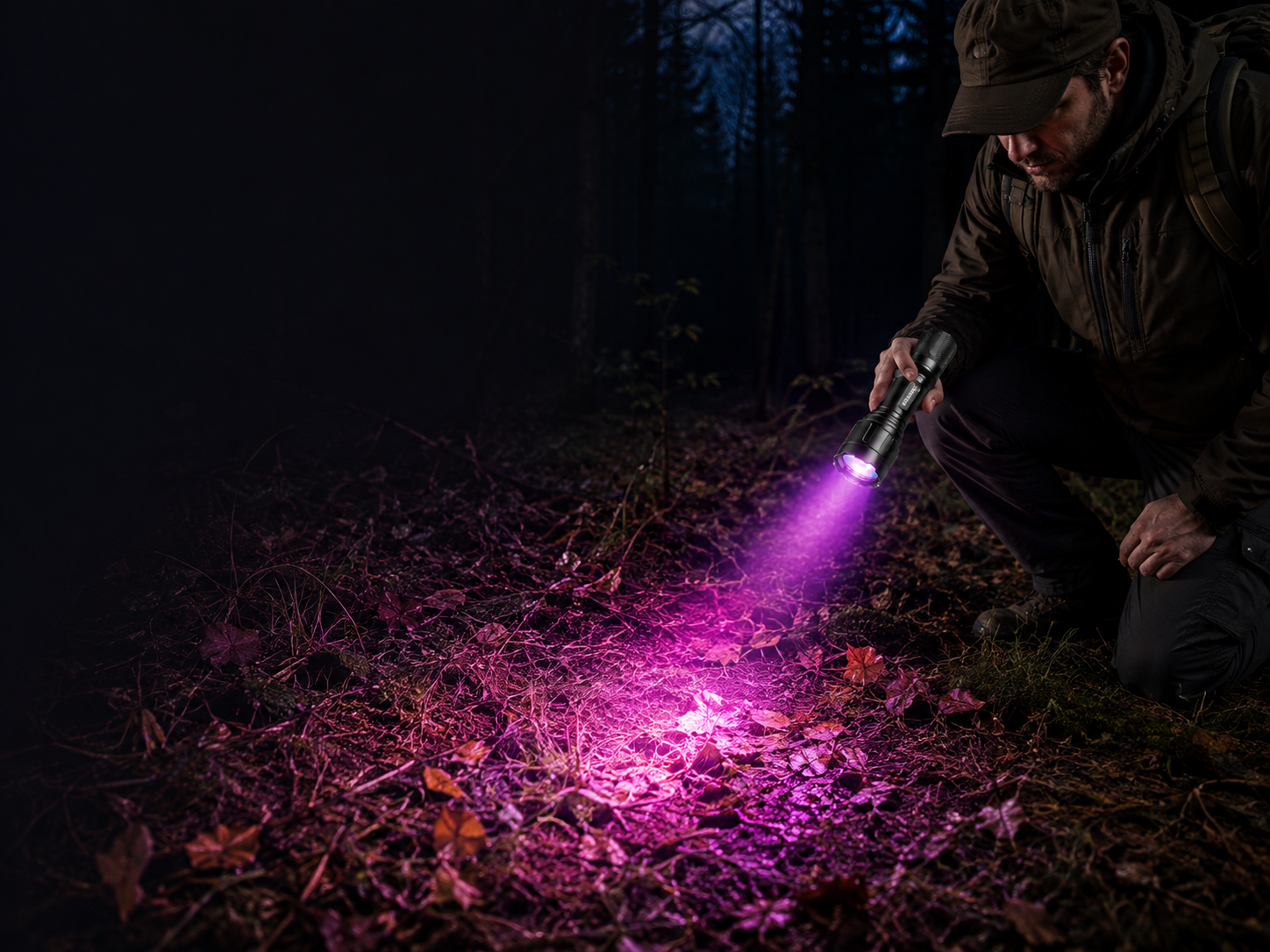 FIELDLUME B1 blood tracking light scanning the forest floor with filtered magenta illumination