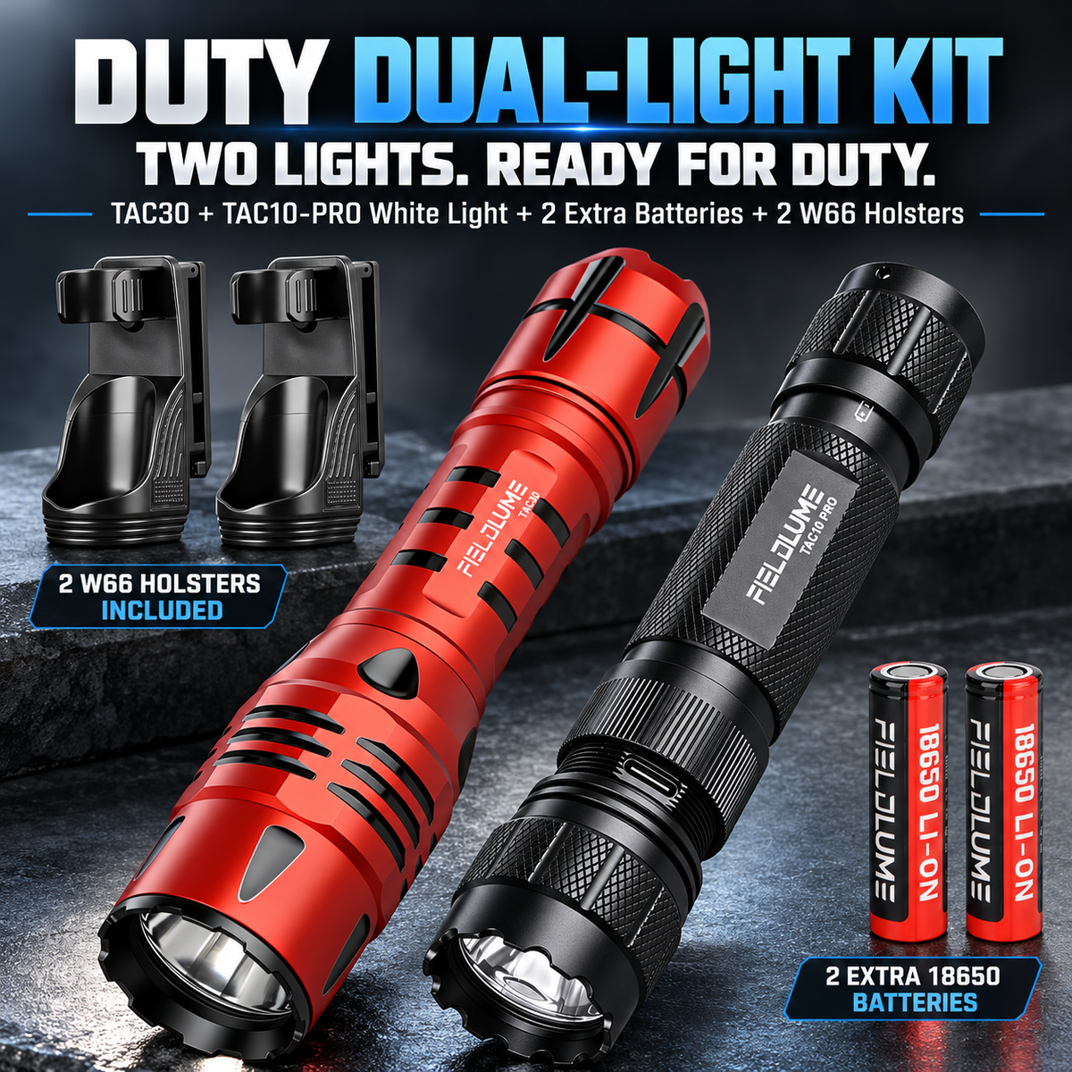 FIELDLUME Duty Dual-Light Kit with TAC30, TAC10-PRO white light, two extra 18650 batteries and two W66 holsters