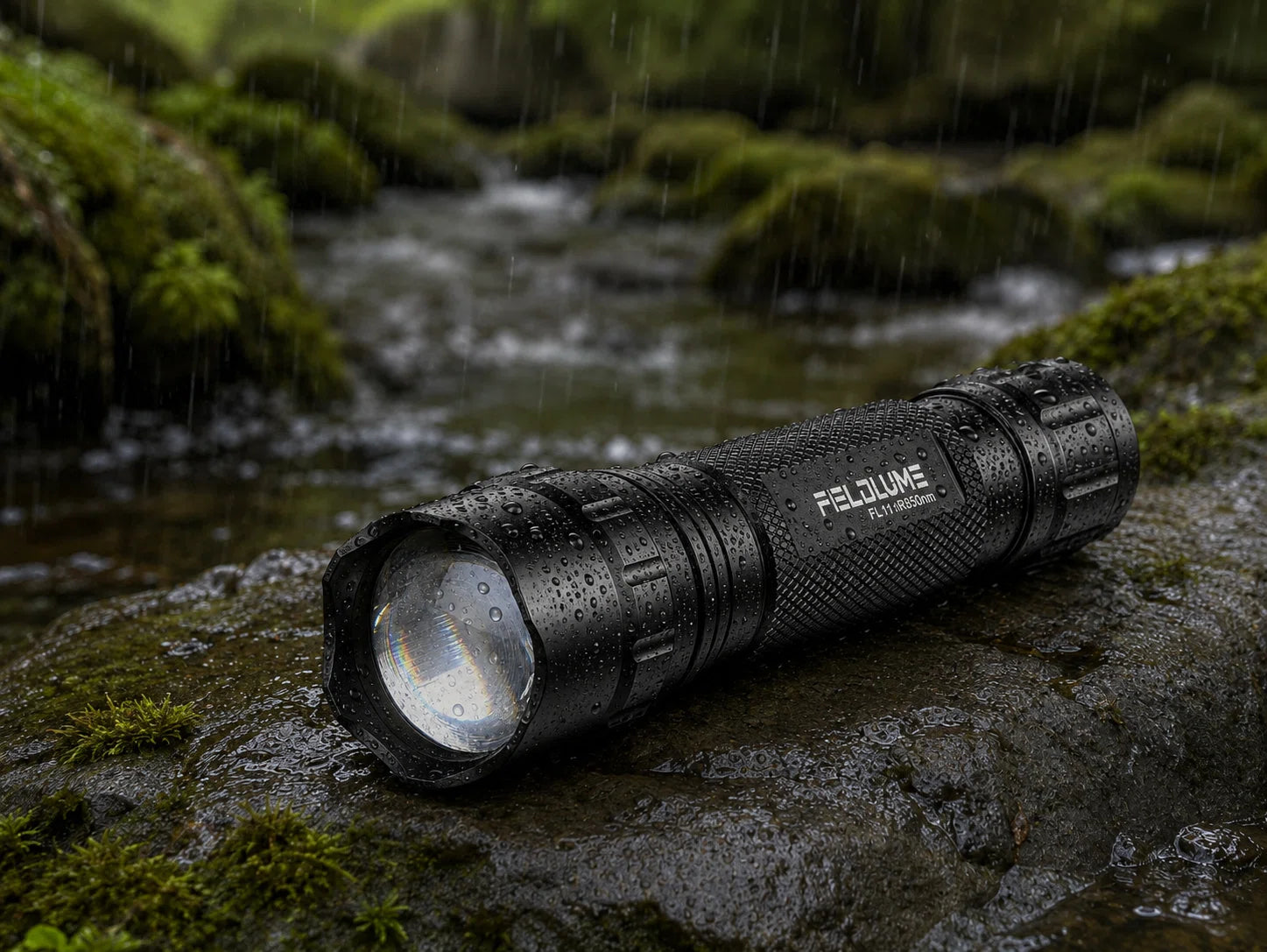 FIELDLUME FL11 850nm IR illuminator wet from rain on a mossy creekside rock