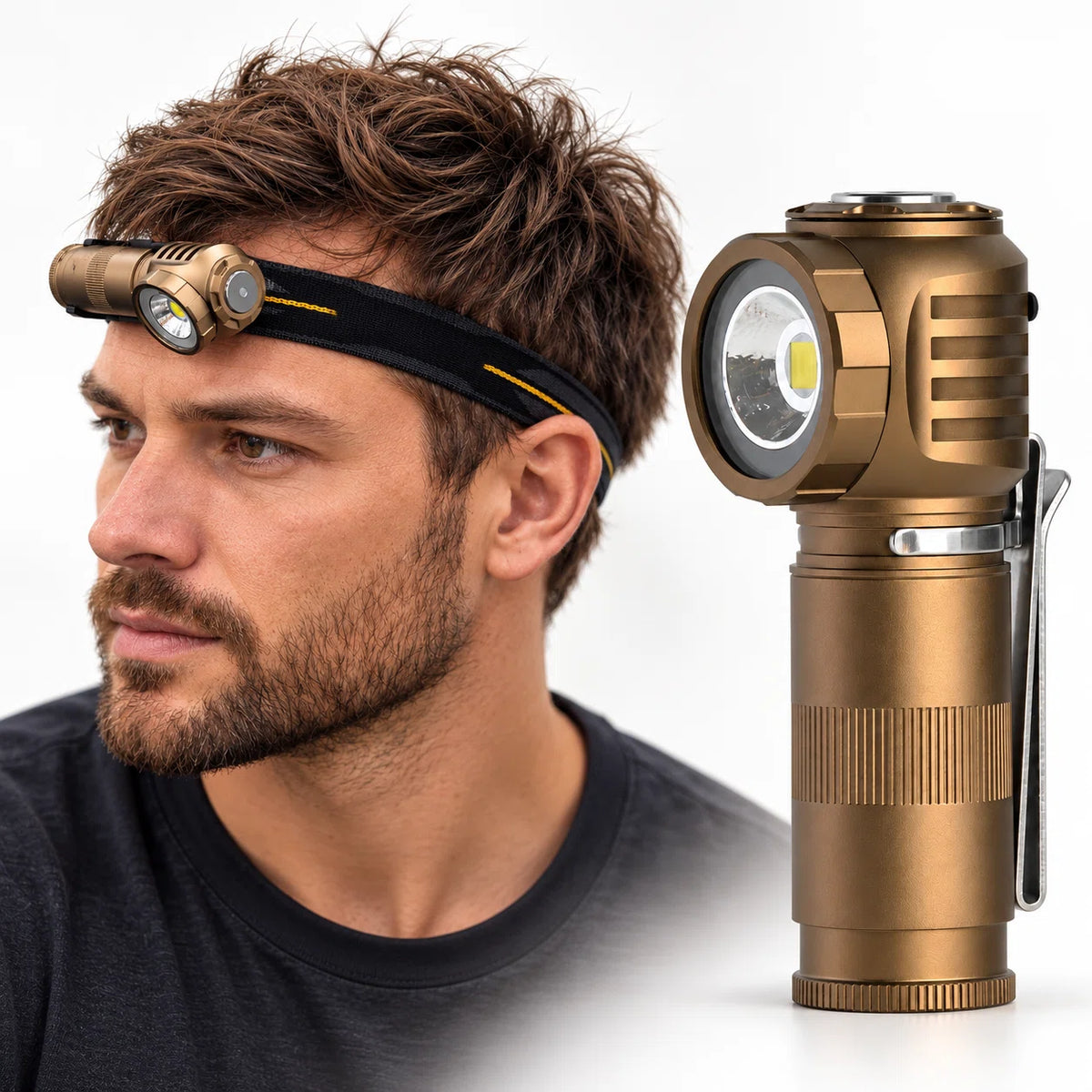 FIELDLUME RA1 bronze right-angle rechargeable headlamp flashlight shown on headband and as a standalone light