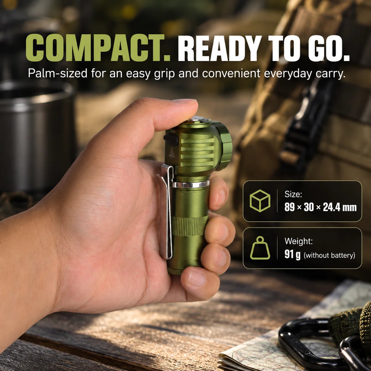 FIELDLUME RA1 compact right-angle rechargeable headlamp flashlight shown in hand with size and weight details