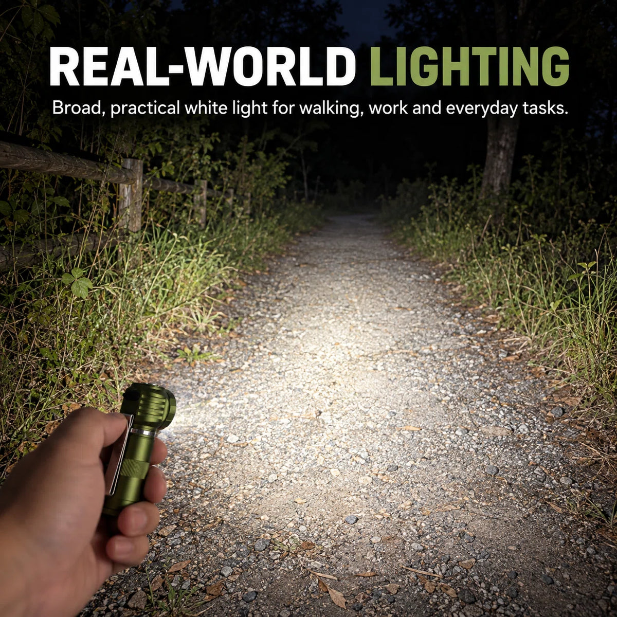FIELDLUME RA1 right-angle headlamp flashlight providing broad practical white light on a nighttime outdoor trail