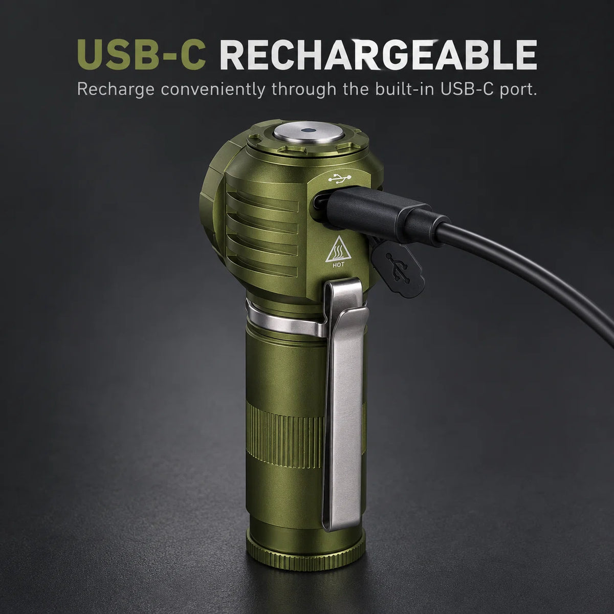 FIELDLUME RA1 right-angle rechargeable headlamp flashlight charging through the built-in USB-C port