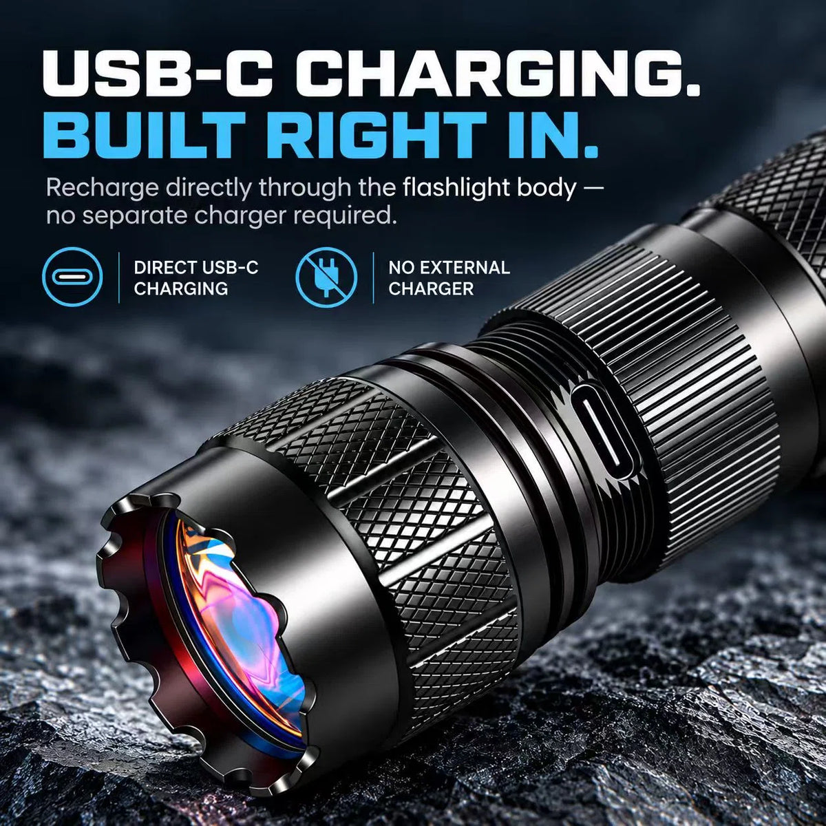 FIELDLUME TAC10-PRO showing built-in USB-C charging directly through the flashlight body with no external charger required