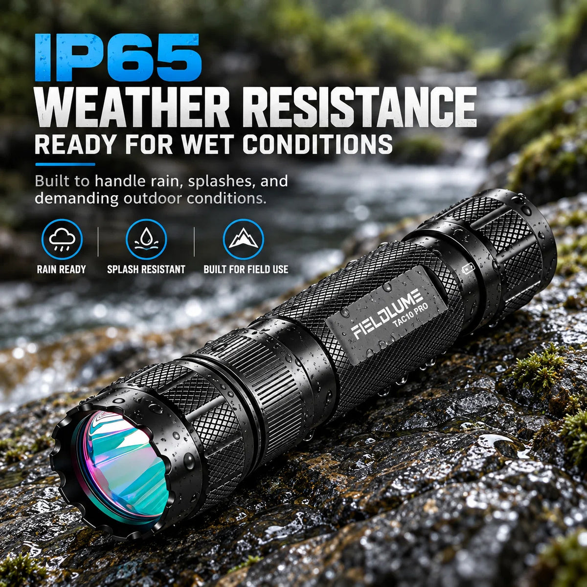 FIELDLUME TAC10-PRO blood tracking flashlight on a wet rock in an outdoor stream setting, showing IP65 weather resistance.