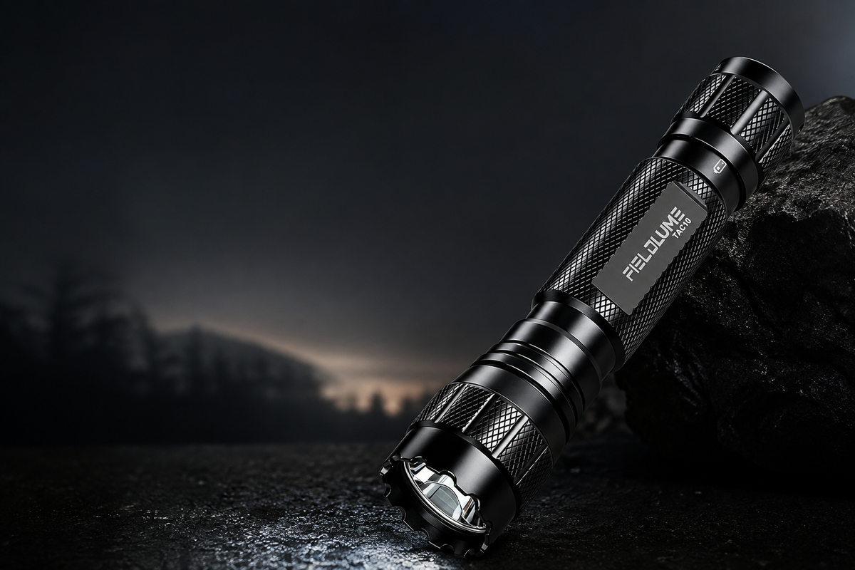 FIELDLUME TAC10 compact torch on a rugged outdoor surface at night