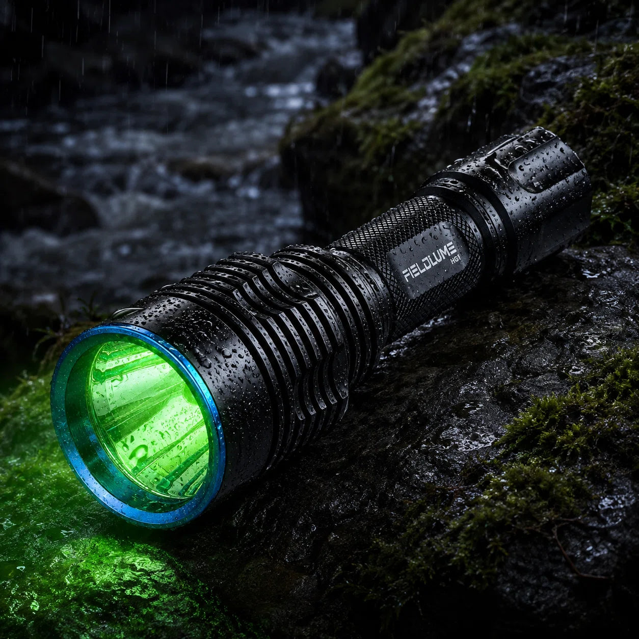 FIELDLUME HG1 green light operating in rain on a mossy creekside rock