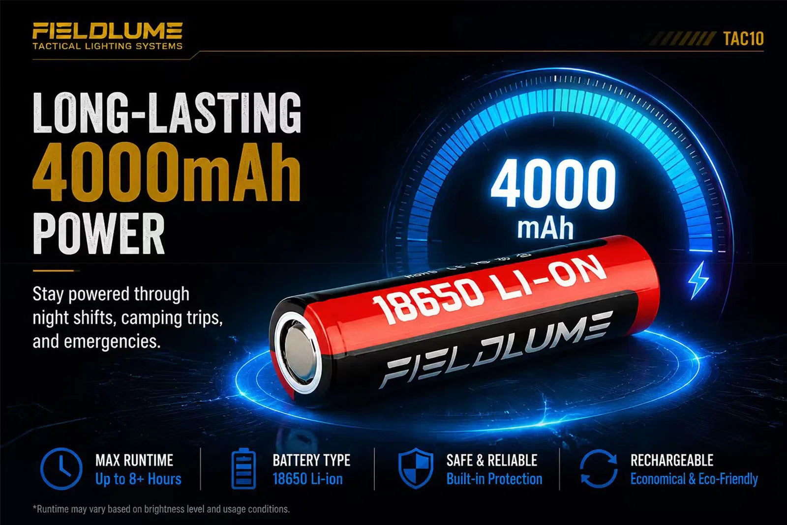 FIELDLUME TAC10 with replaceable 18650 4000mAh rechargeable battery