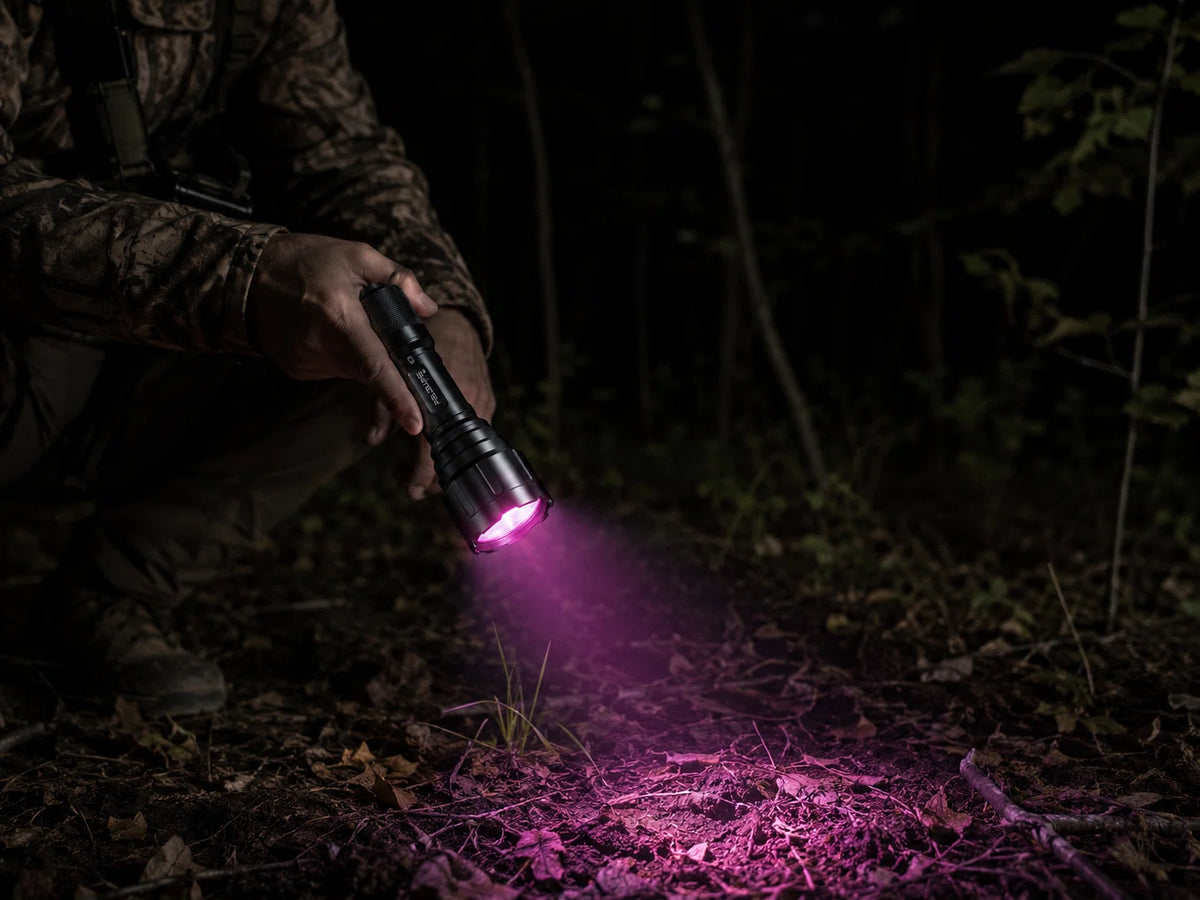 Stay on the Trail Longer.	FIELDLUME B1 blood tracking light scanning leaf-covered forest ground during low-light tracking