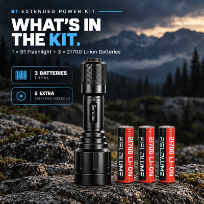 FIELDLUME B1 Extended Power Kit with B1 blood tracking light and three 21700 rechargeable batteries, including two extra batteries.