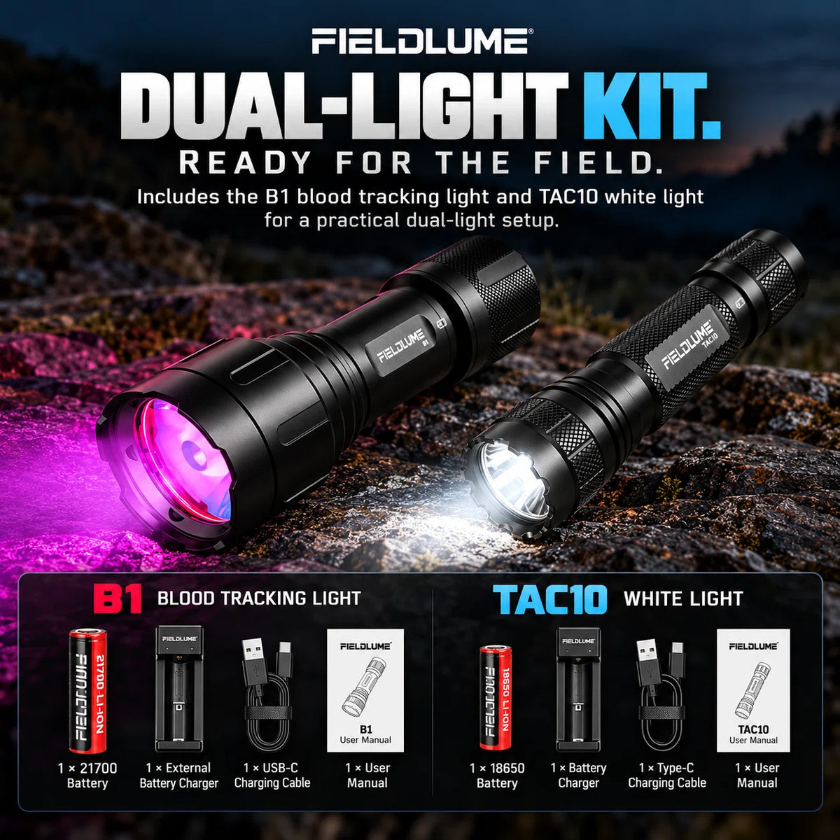 FIELDLUME B1 Tracking & Trail Kit with B1 blood tracking light, TAC10 white light, batteries, chargers, charging cables and user manuals