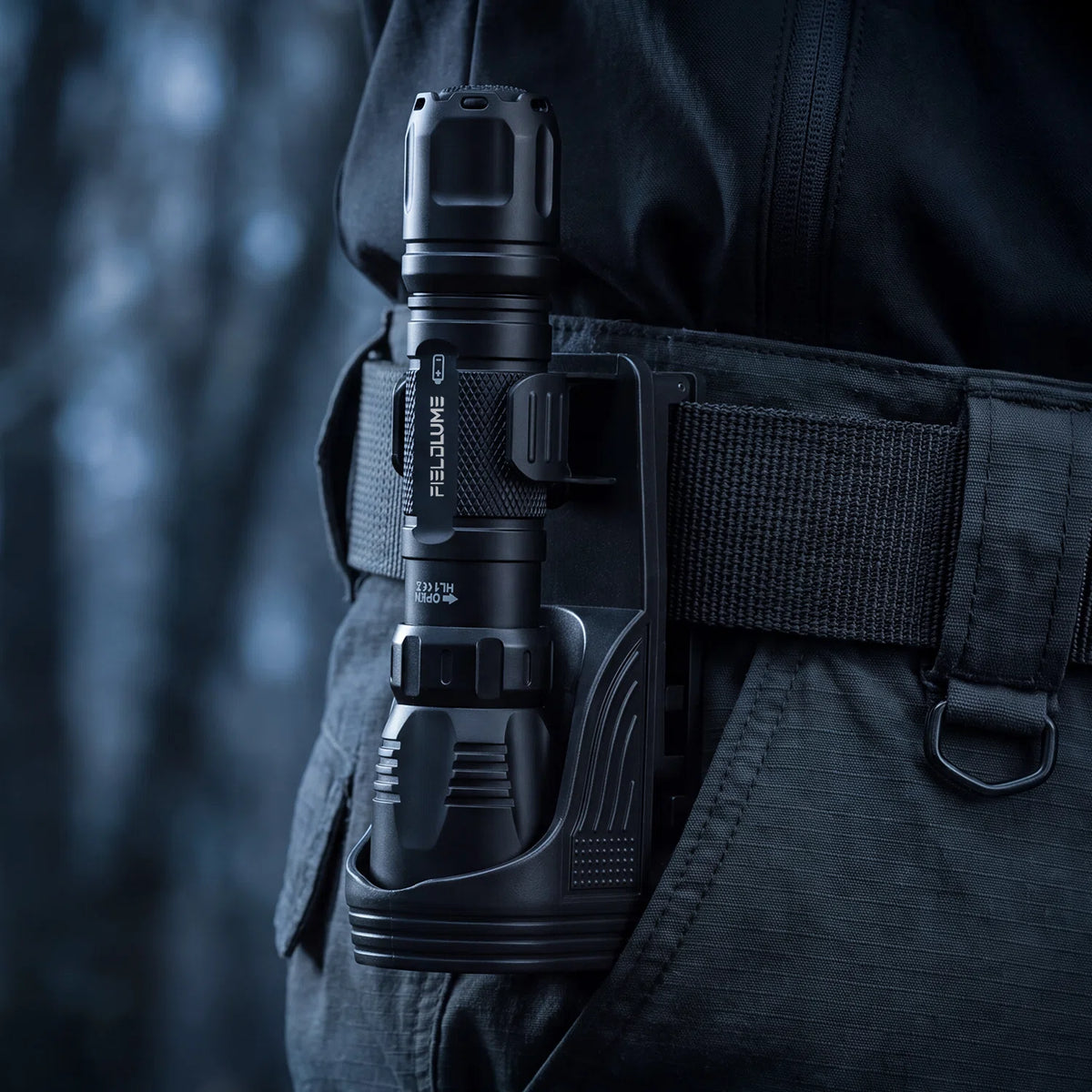 FIELDLUME HL1 flashlight carried on a duty belt with W66 clip