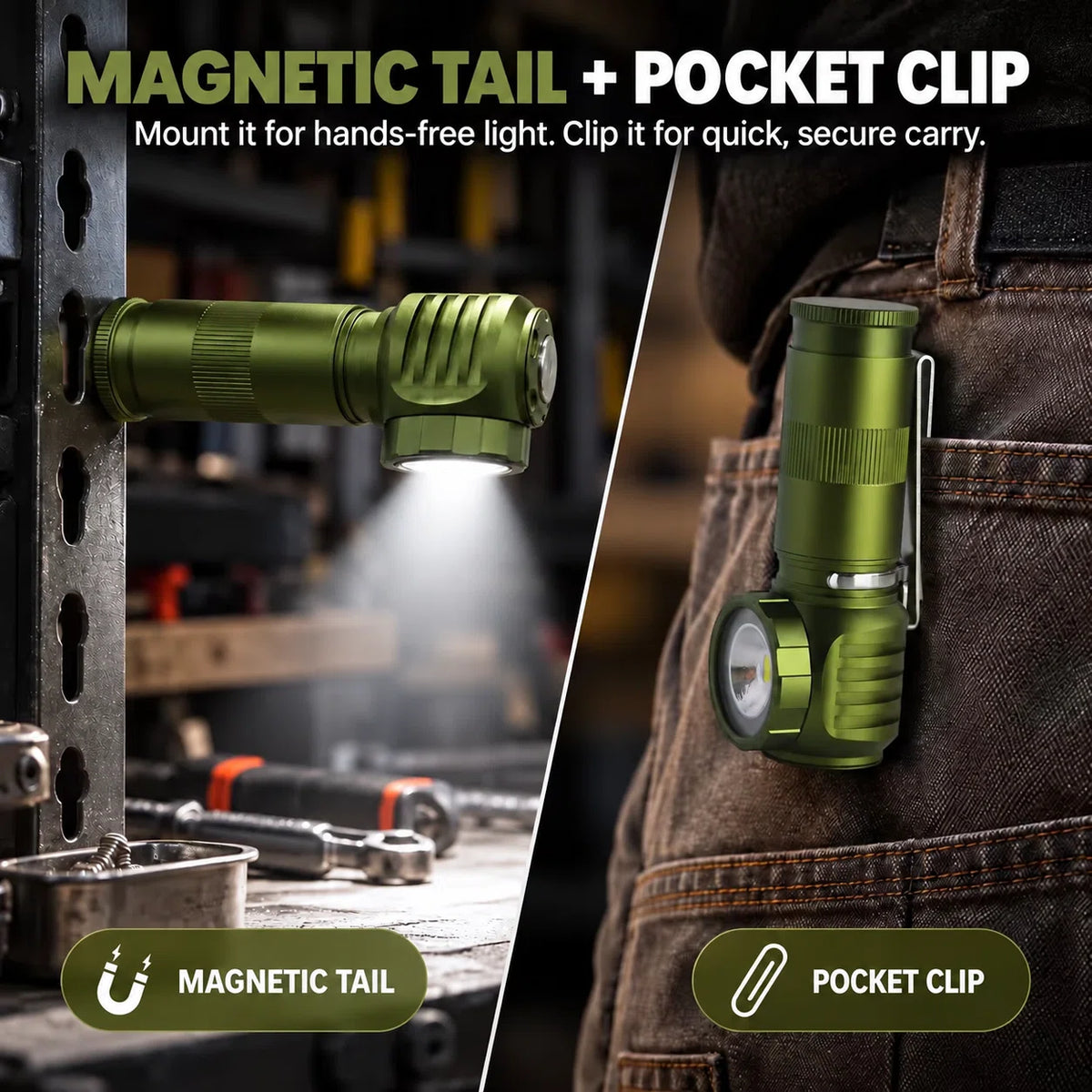 FIELDLUME RA1 right-angle rechargeable headlamp flashlight with magnetic tail mounting and pocket clip carry