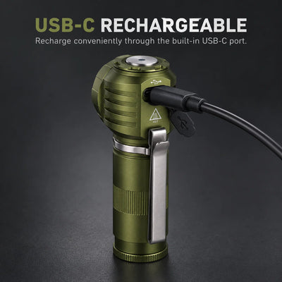 FIELDLUME RA1 right-angle rechargeable headlamp flashlight charging through the built-in USB-C port