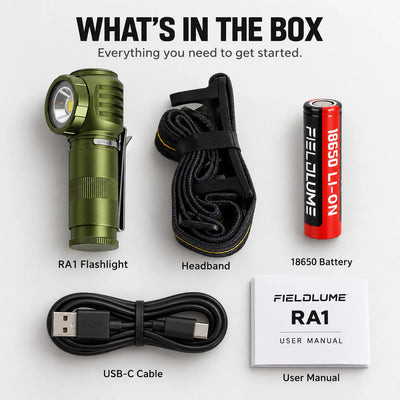 FIELDLUME RA1 right-angle flashlight with included headband, 18650 battery, USB-C charging cable, and user manual.