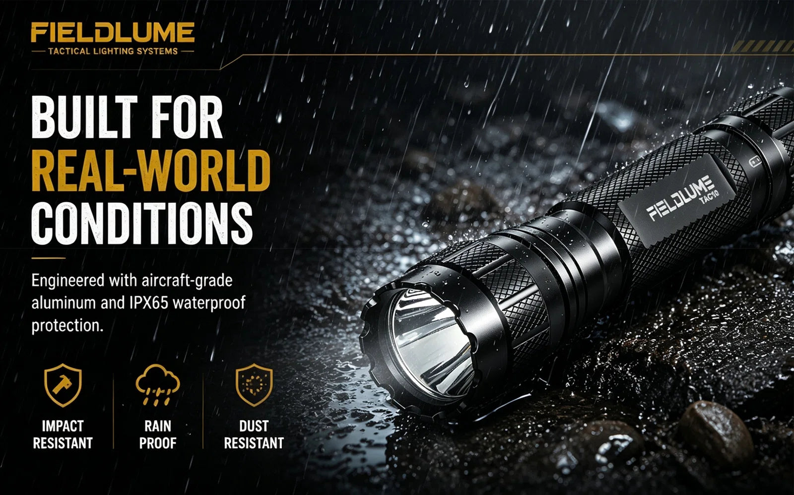 FIELDLUME TAC10 IP65 aluminium torch in wet outdoor conditions