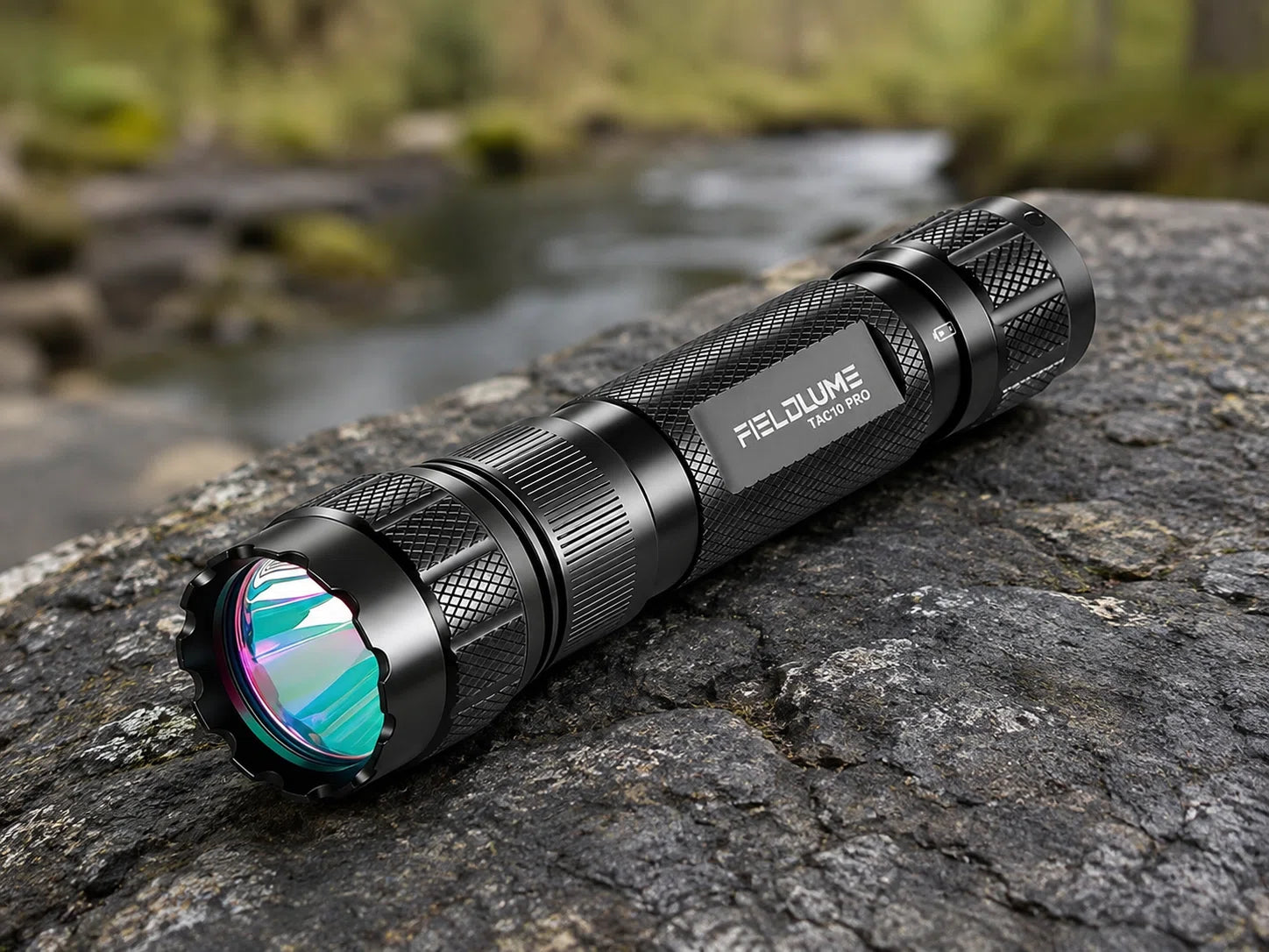 FIELDLUME TAC10-Pro compact blood tracking light on a mossy creekside rock