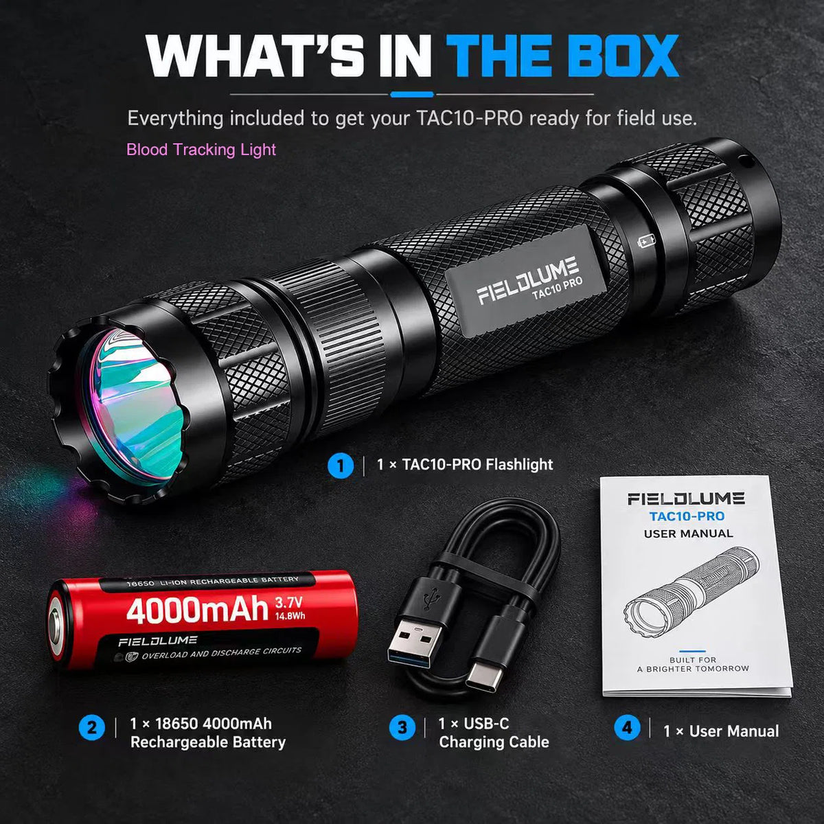 FIELDLUME TAC10-PRO Blood Tracking Light in the box with 18650 4000mAh rechargeable battery, USB-C charging cable, and user manual
