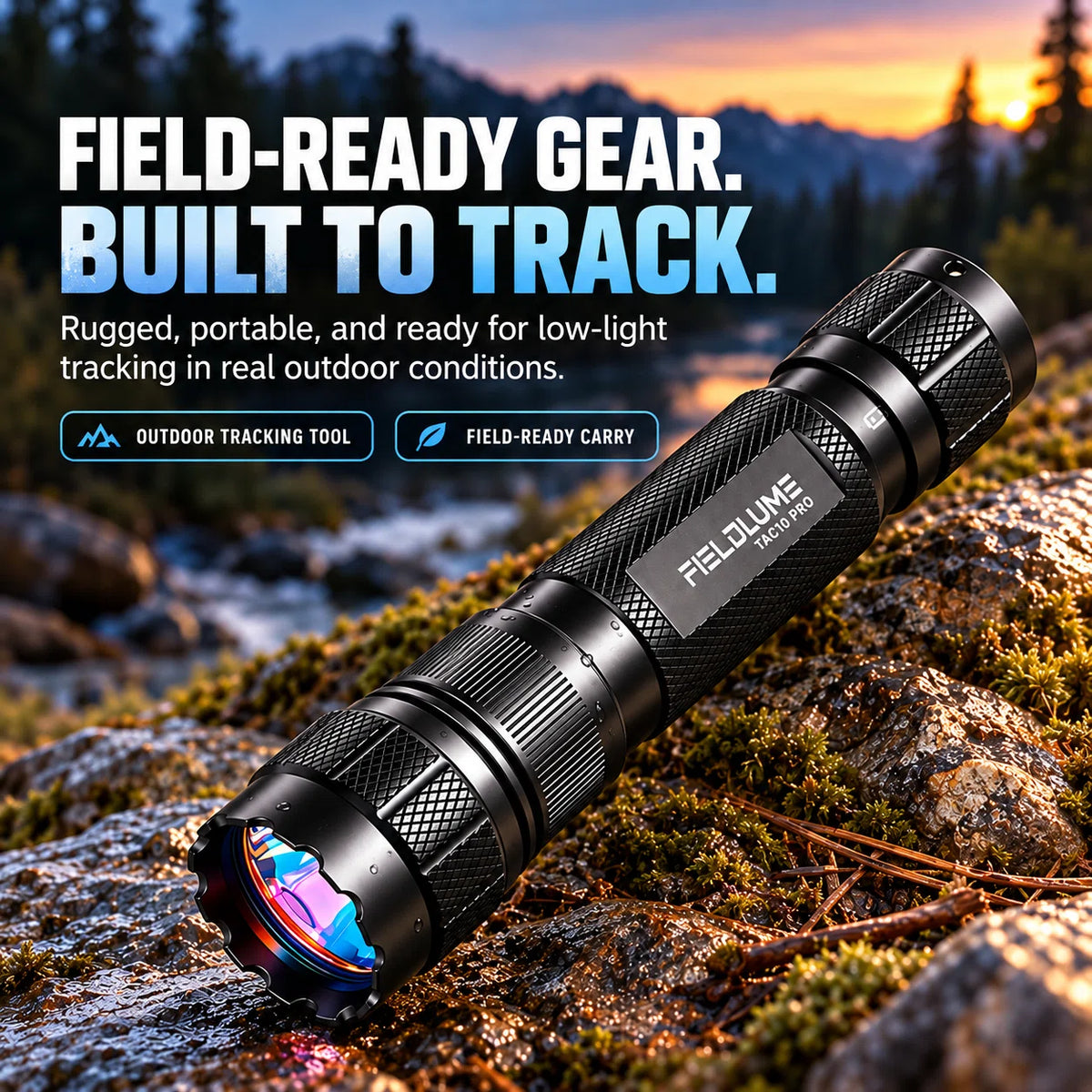 FIELDLUME TAC10-PRO outdoor tracking light shown as field-ready gear in a rugged low-light outdoor setting