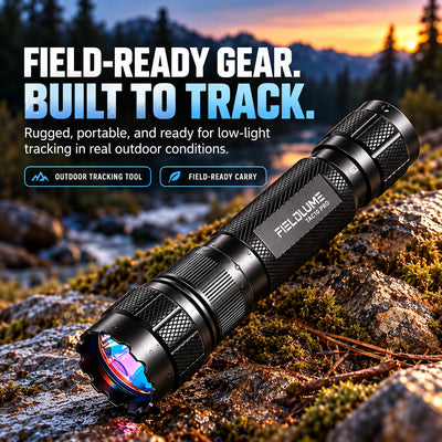 FIELDLUME TAC10-PRO outdoor tracking light shown as field-ready gear in a rugged low-light outdoor setting