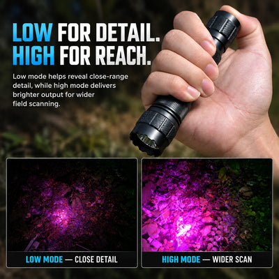 FIELDLUME TAC10-PRO showing low mode for close-range detail and high mode for wider low-light field scanning