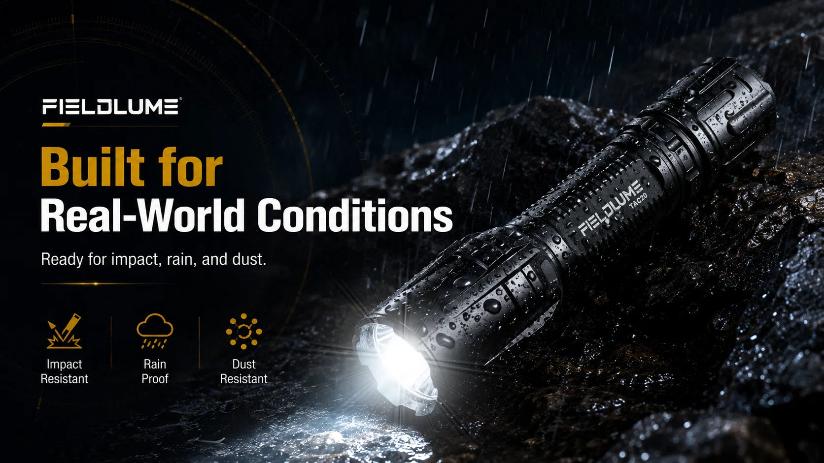 FIELDLUME TAC20 IP65 tactical flashlight in rainy outdoor conditions