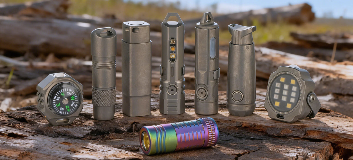 FIELDLUME titanium EDC torches and outdoor gear displayed on a log