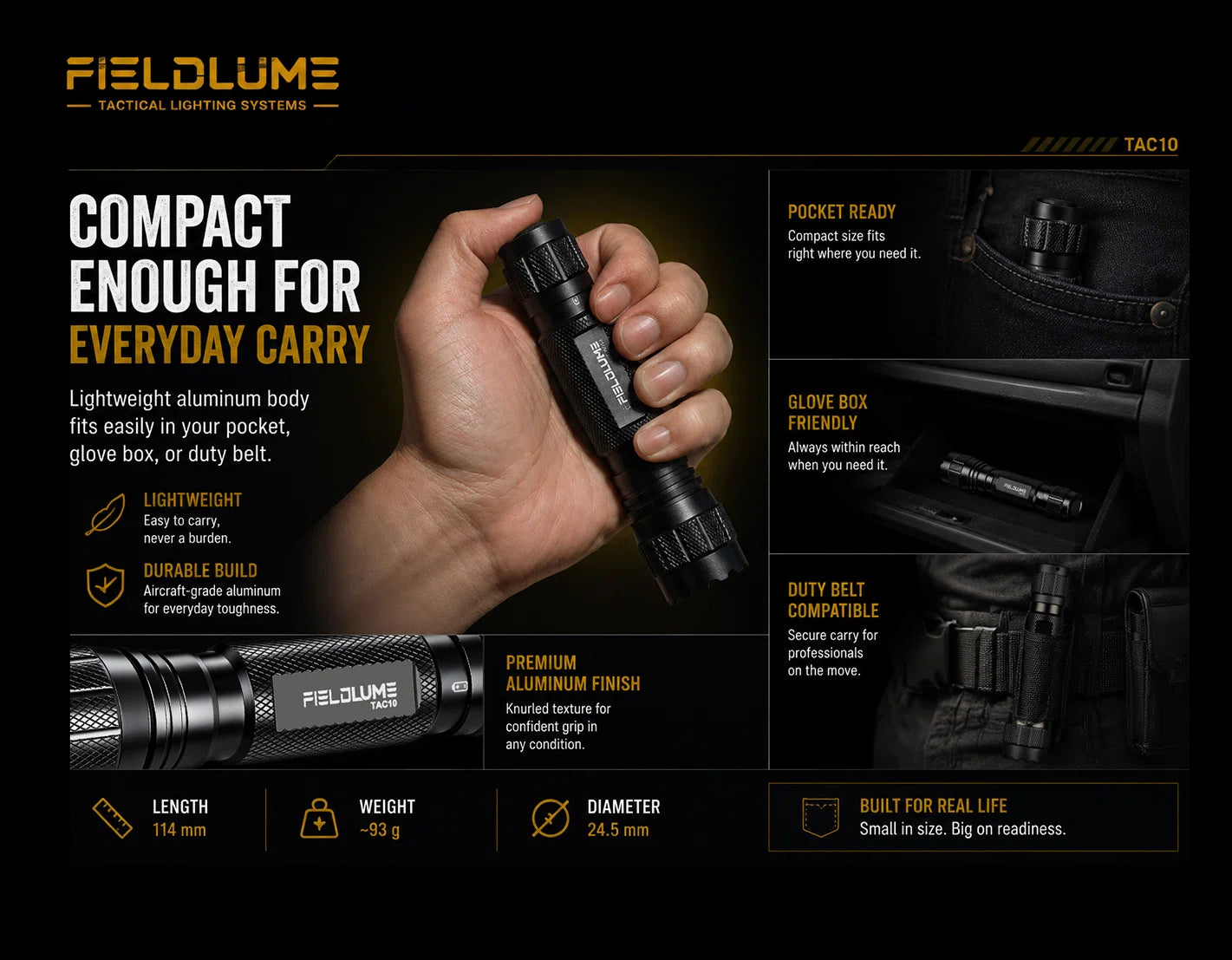 Compact. Built to Stay Close.
FIELDLUME TAC10 compact torch held comfortably in one hand outdoors