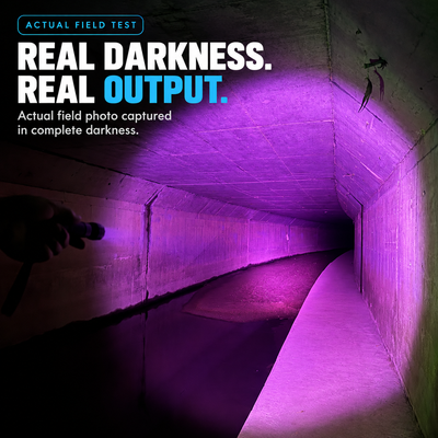 FIELDLUME TAC10-PRO blood tracking light showing filtered light output in complete darkness during an actual field test in a tunnel.